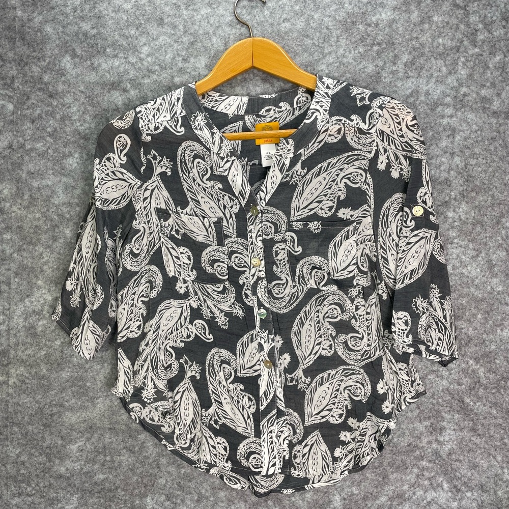 Ruby Rd. Womens Top Petite Large PL Paisley Silky Slub Shirt Blouse Black White